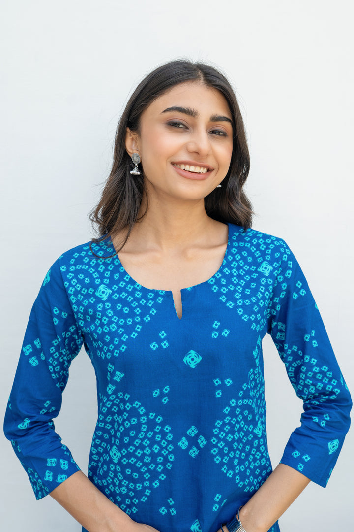 Blue Cotton Bandhani Printed Kurta For Women's