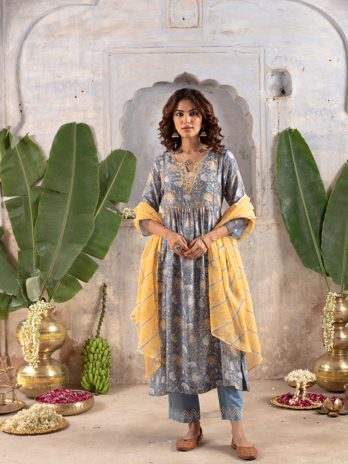 BLUE KURTA PALAZZO MODAL WITH ROUND NECK FULL SET