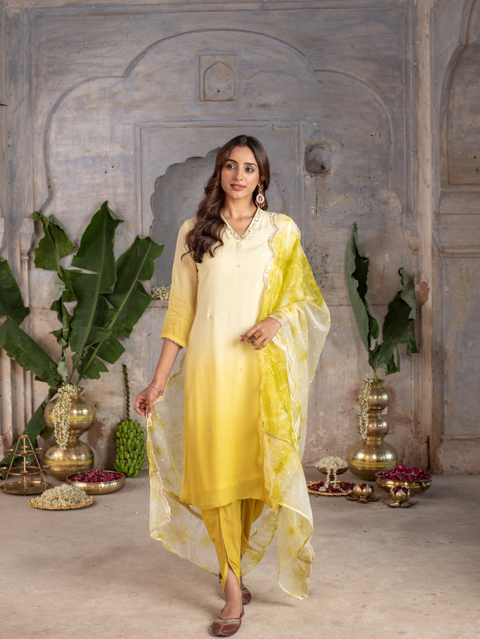 Shaded Yellow Ombre Dying Silk Complete Suit Set For Women's