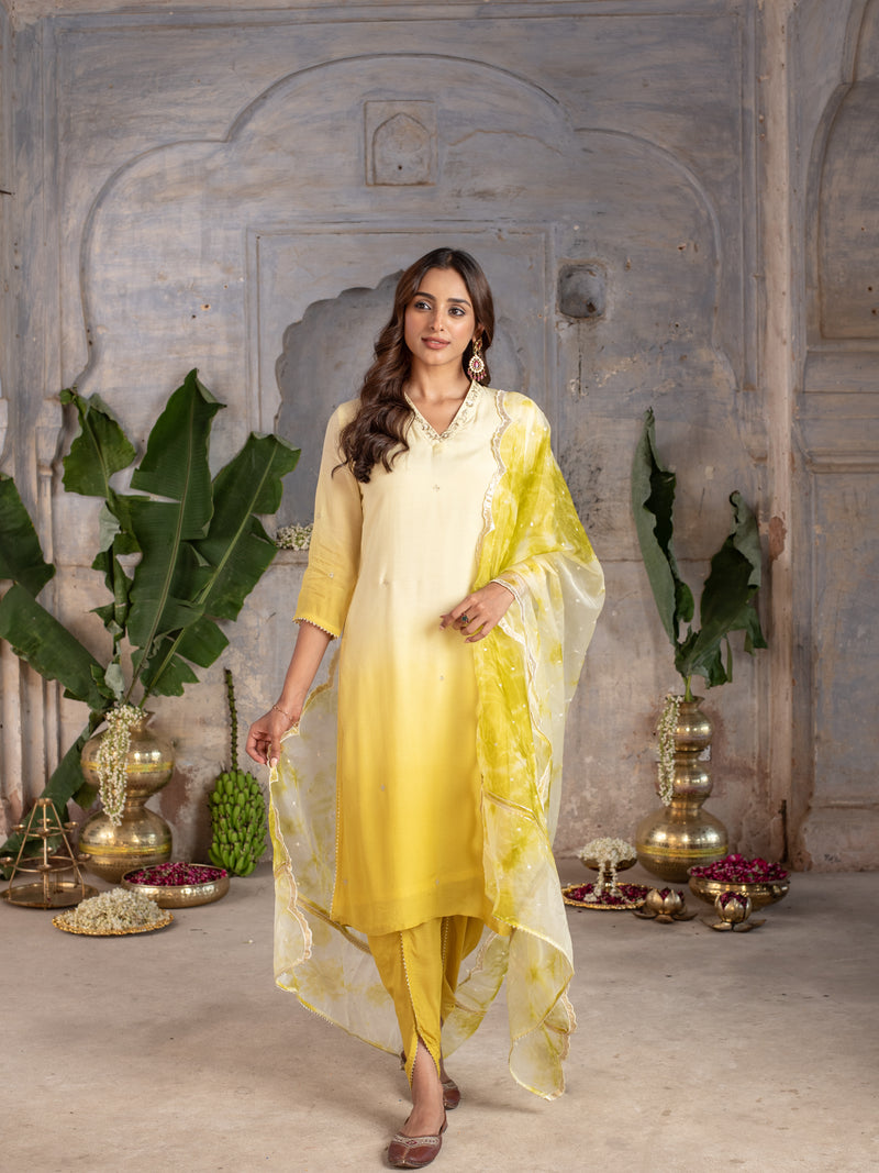 Shaded Yellow Ombre Dying Silk Complete Suit Set For Women's