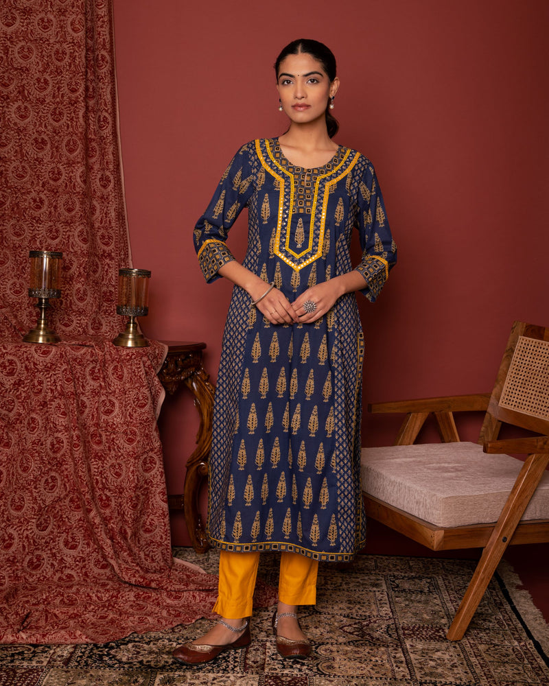 Indigo Cotton Booti Printed Kurta For Women's