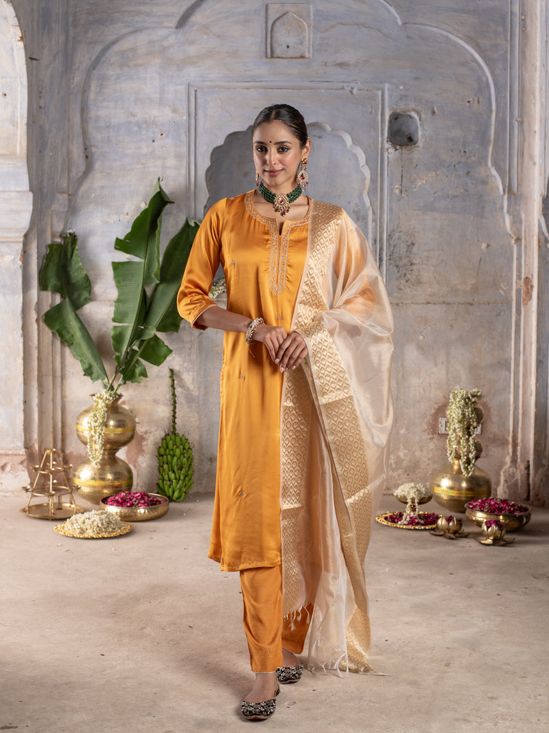 Golden Mustard Modal Silk Kurta Pant For Women's