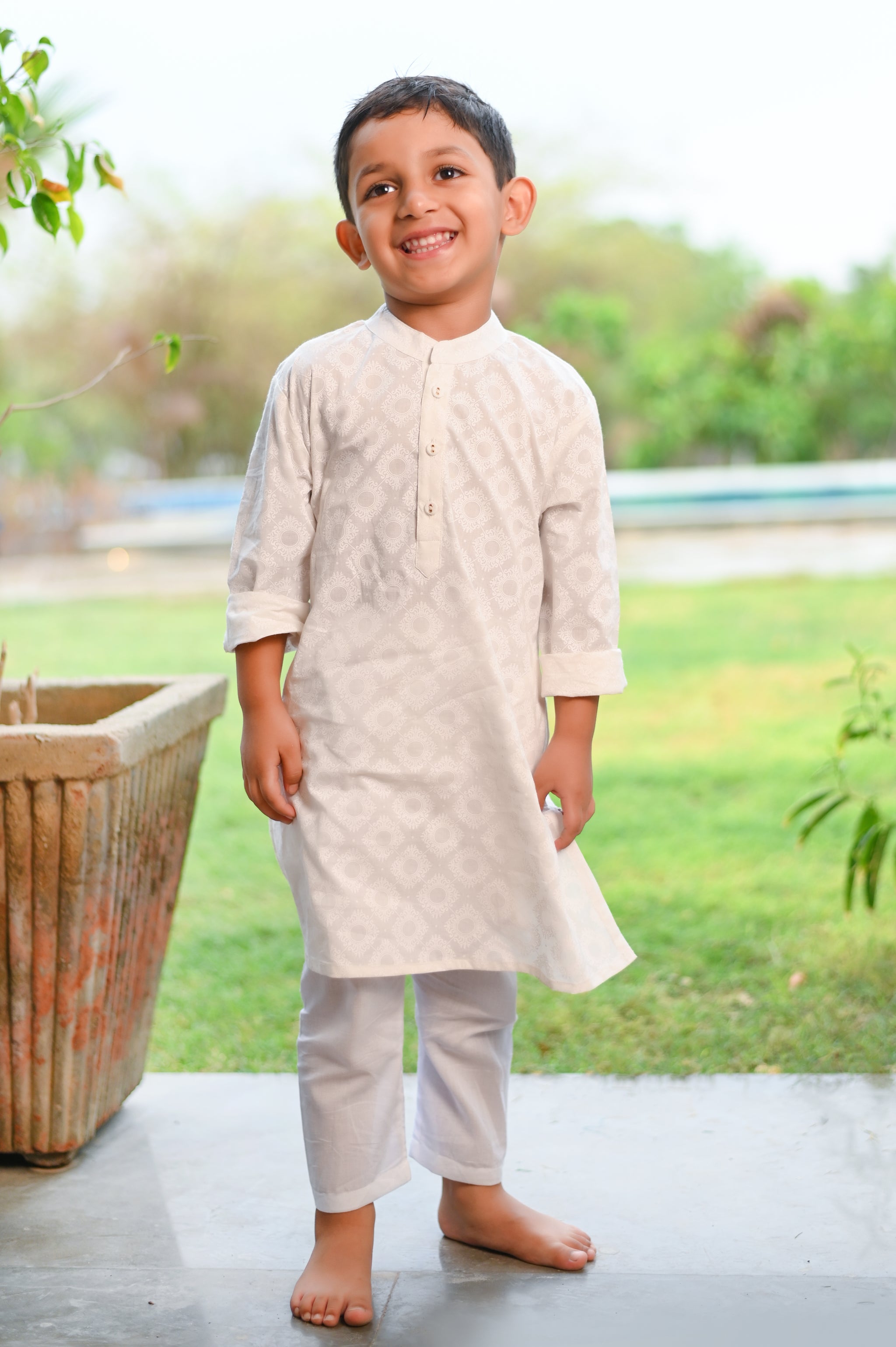 White Khadi Print Boys Kurta