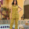 Mustard Cotton Collar Neck Handblock Co-Ord Set For Women's