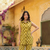 Mustard Cotton Collar Neck Handblock Co-Ord Set For Women's