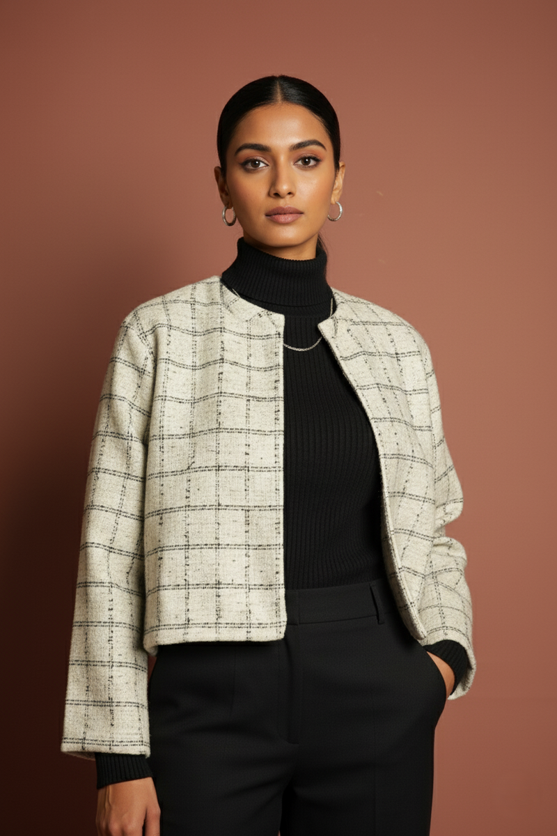 White Colour Merino Wool Round Neck Checkered Print Short Jacket For Women's