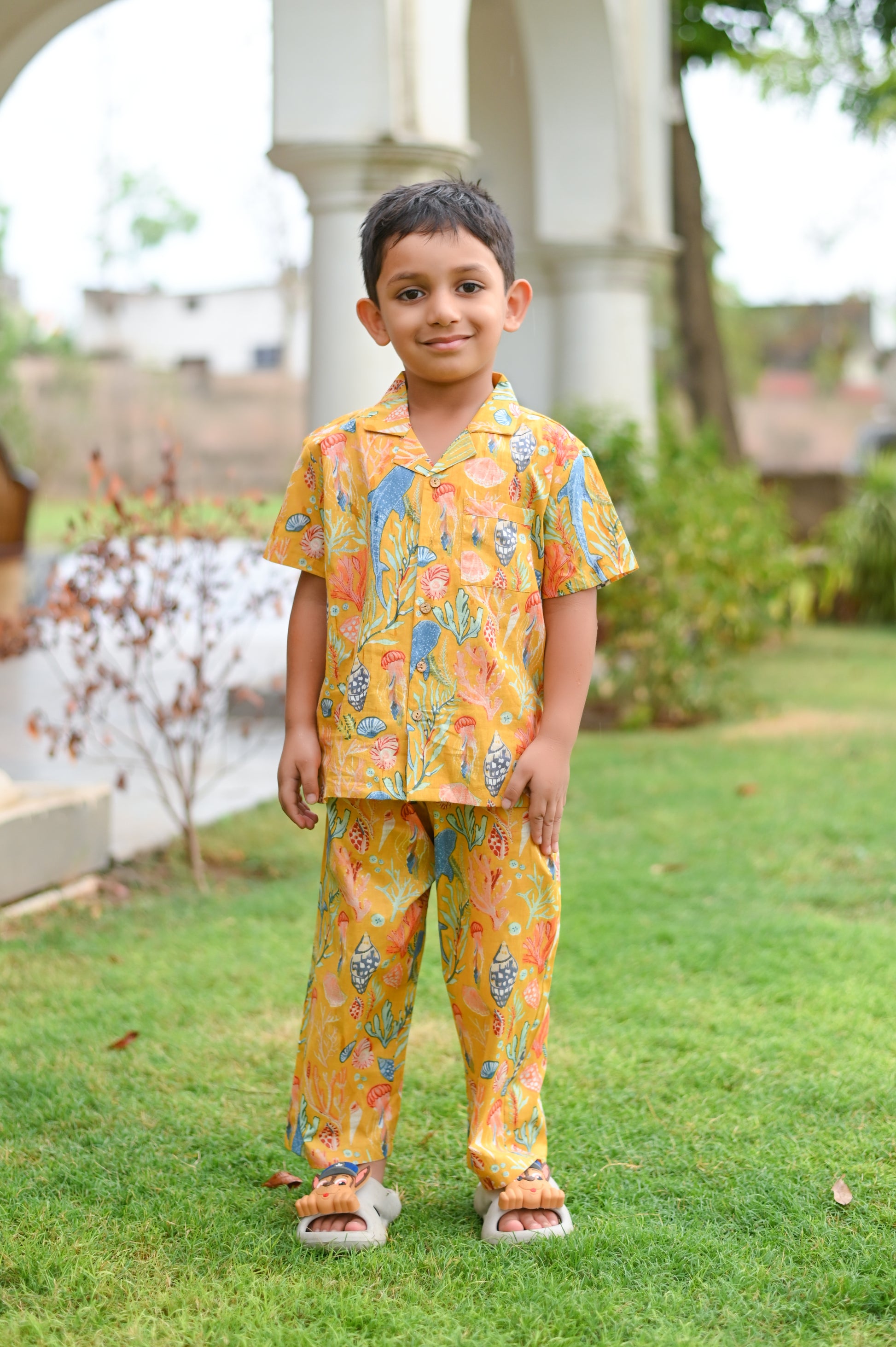 Mustard Kids Lounge Wear with Sea Print