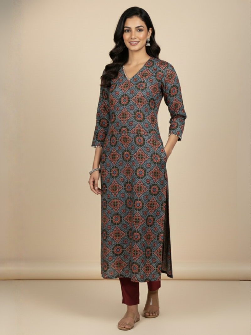 Blue Colour Cotton V-Neck Floral Print Bead Work Kurta For Women's