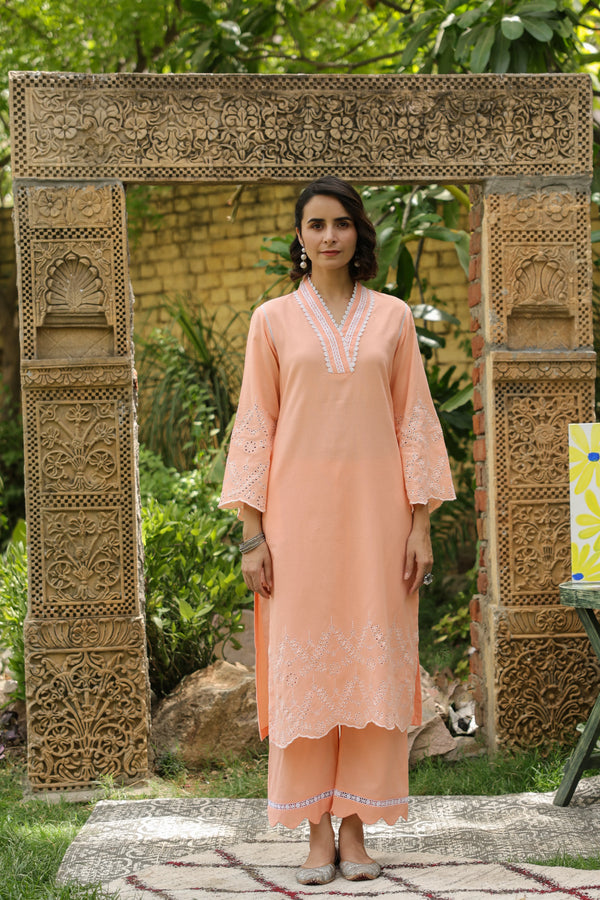 Atisha Peach round with v neck Kurta and Palazzo Set