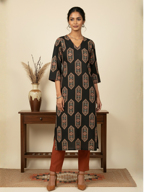 Black Colour Cotton V-Neck Abstract Print Bead Work Kurta For Women's