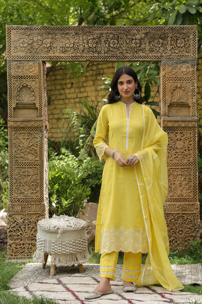Lemon Yellow Kurta Cotton Dobby-Pant Cotton - With Kota Doriya Dupatta