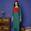 GREEN COTTON LINEN ROUND WITH  V-CUT YOKE HIGHLIGHTED WITH KATHA WORK KURTA PANT SET