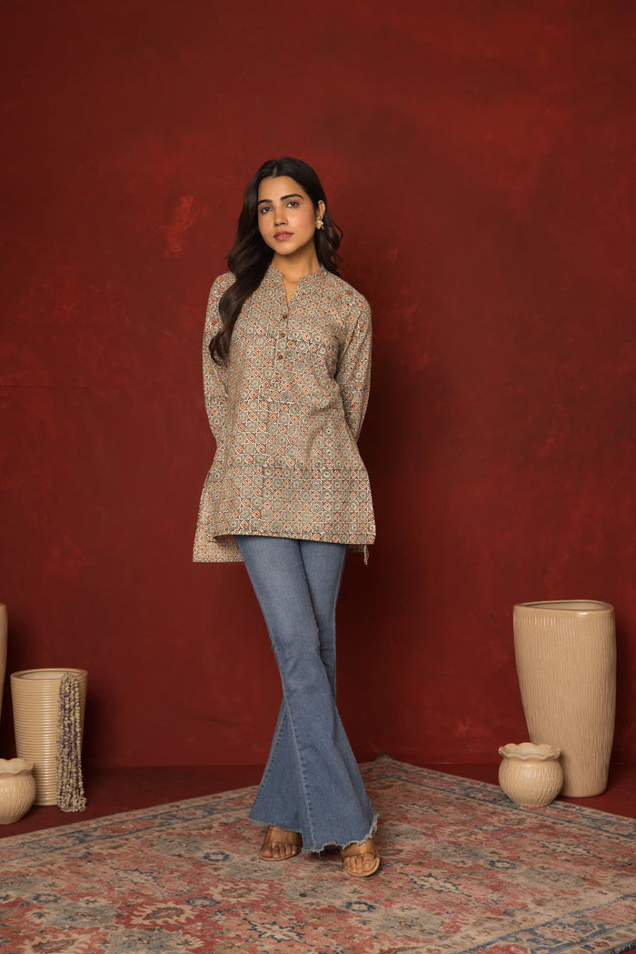 Multicoloured Cotton Collar Handblock Short Top For Women's