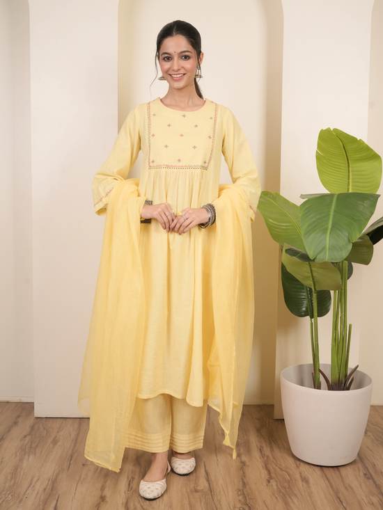Vanilla Yellow Cotton Slub Complete Suit Set