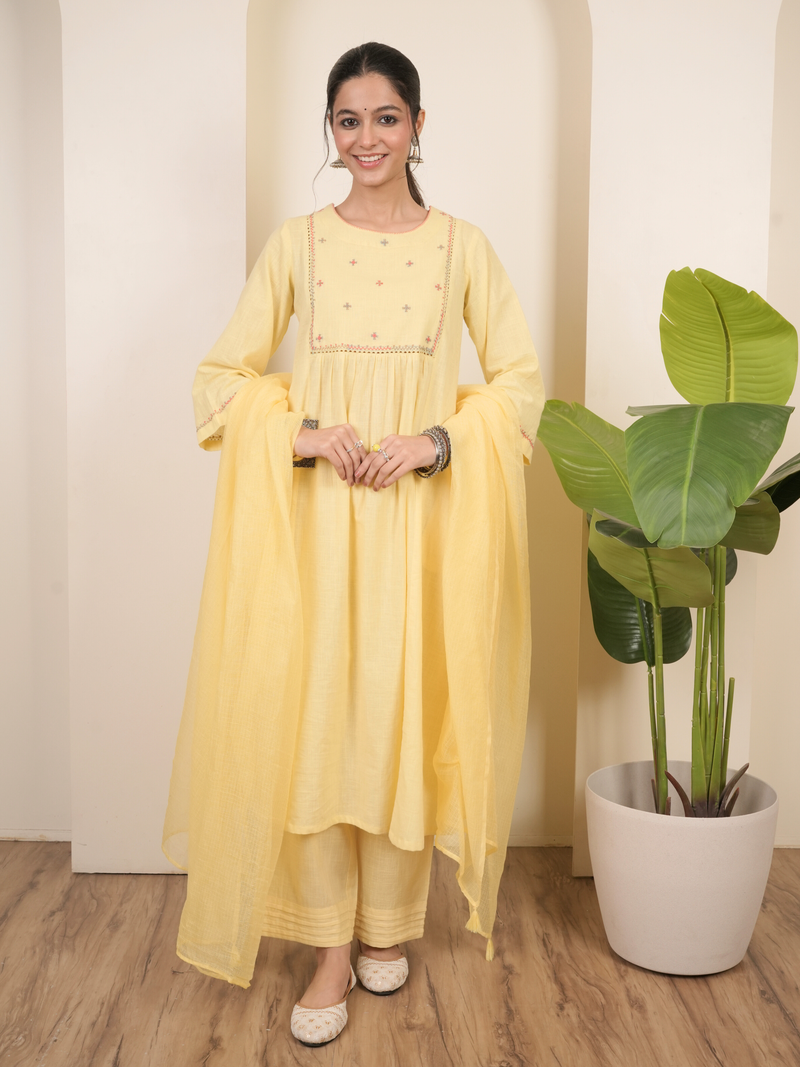 Vanilla Yellow Cotton Slub Complete Suit Set