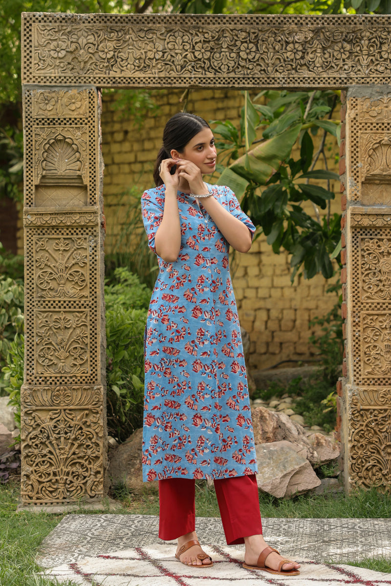 SkyBlue Cotton Handblock Floral Printed  Kurta For Women's