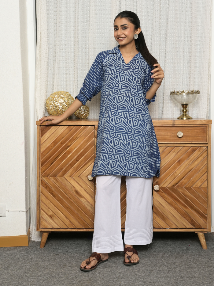 Indigo Cotton Printed Kurta For Women's
