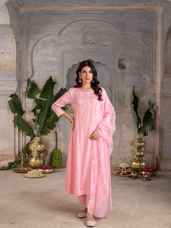 BABY PINK JAM COTTON ROUND NECK HAND DONE LEHERIYA DUPATTA FULL SET
