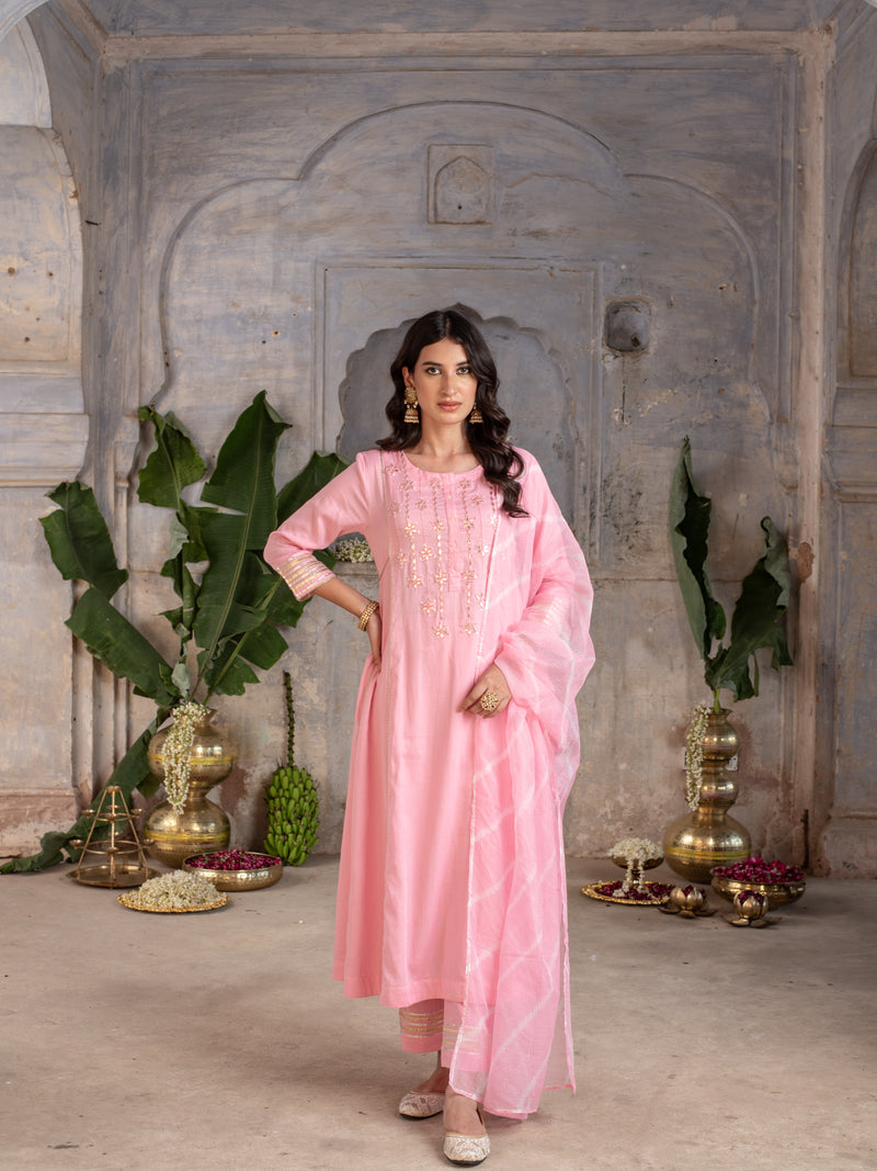 BABY PINK JAM COTTON ROUND NECK HAND DONE LEHERIYA DUPATTA FULL SET