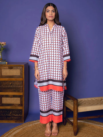 Multicolored Linen Blend Collar Abstract Print Co-Ord Set For Women's