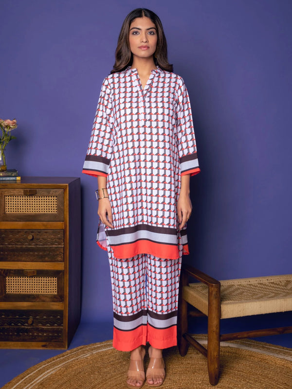 Multicolored Linen Blend Collar Abstract Print Co-Ord Set For Women's