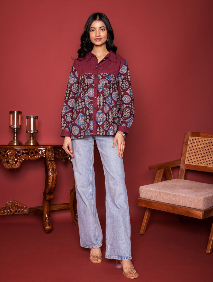 Marron Cotton Collar Short Top For Women's