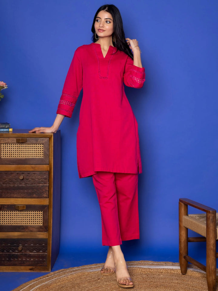 PINK LINEN COLLAR NECK ALL OVER HIGHLIGHTED WITH LACES KURTA PANT SET