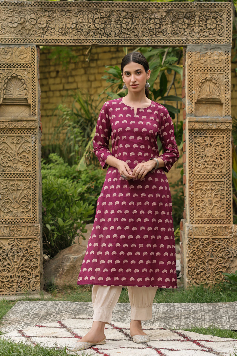 Wine Cotton Round Neck Straight Kurta For Women's