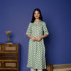 GREEN COTTON COLLAR NECK WITH POLKA PRINT KURTA PANT SET