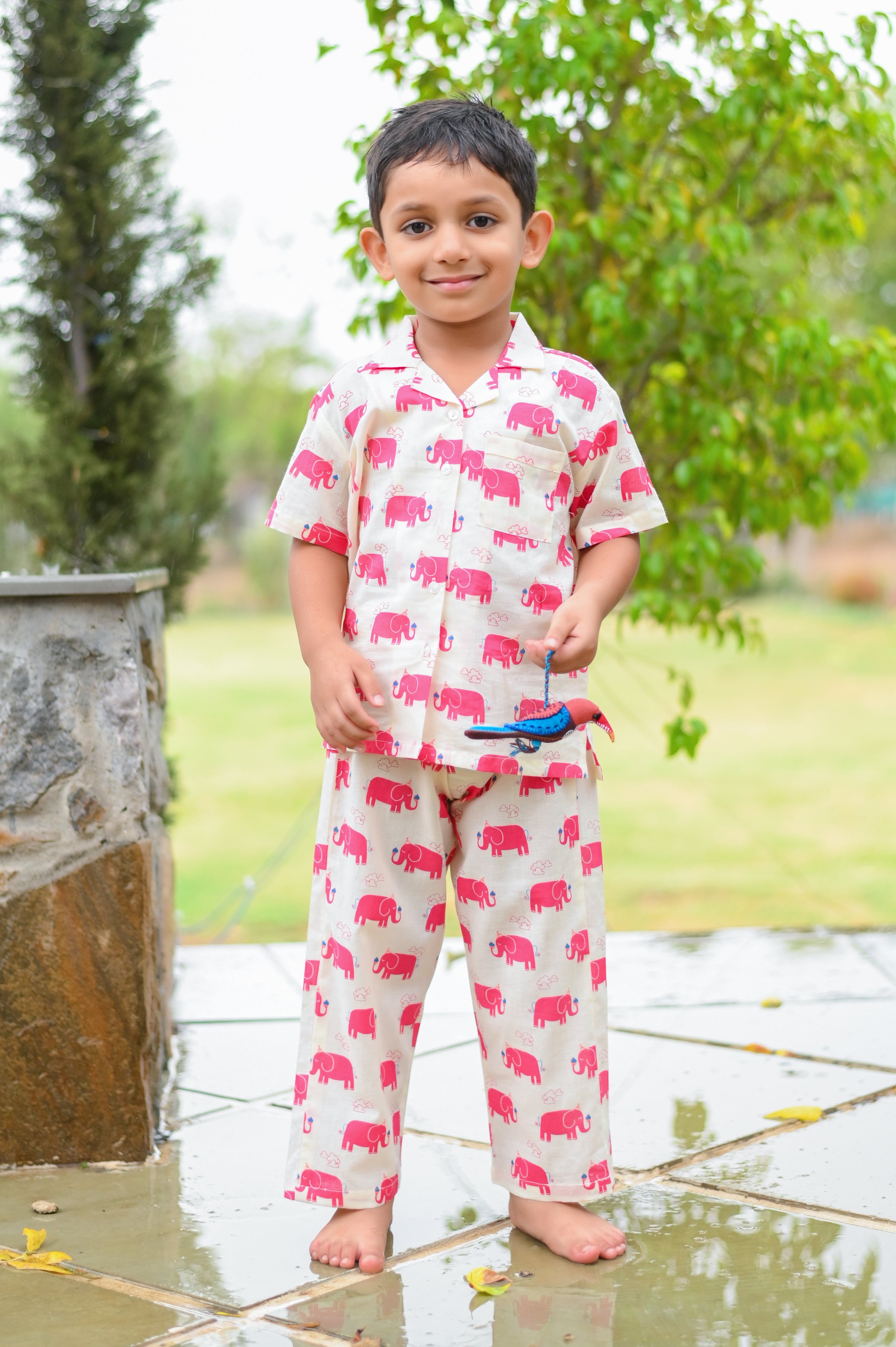 Cream Kids Lounge Wear with Elephant Print