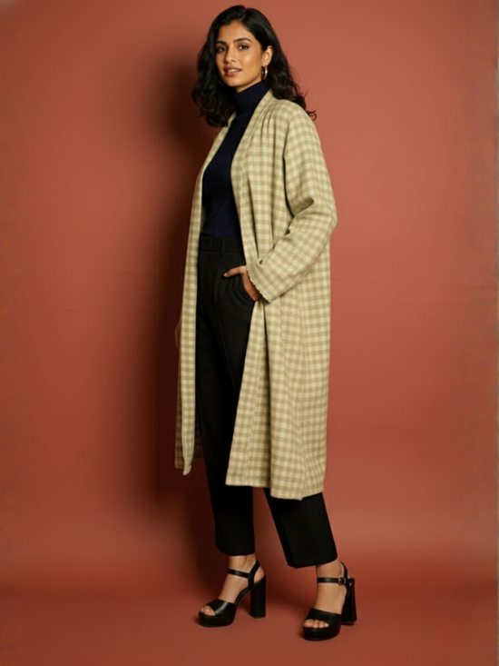 Light Green Colour Merino Wool Collar Checkered Print Long Jacket For Women's