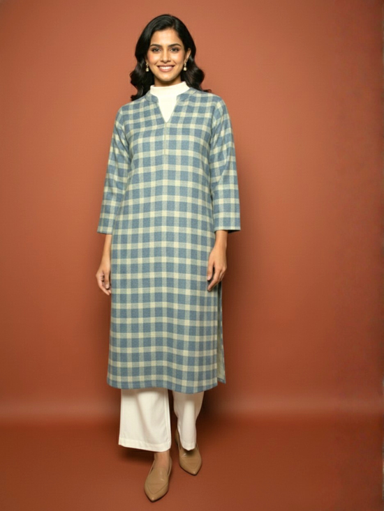 Sage Blue Woolen Checkered Kurta