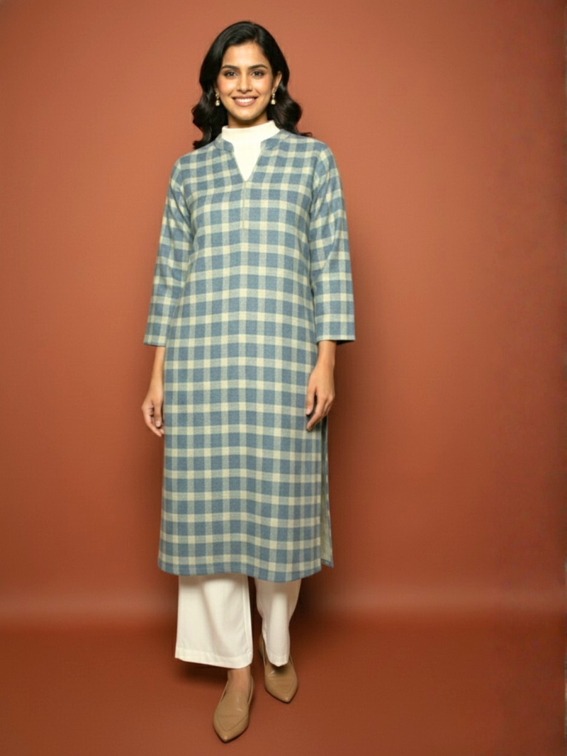 Sage Blue Woolen Checkered Kurta