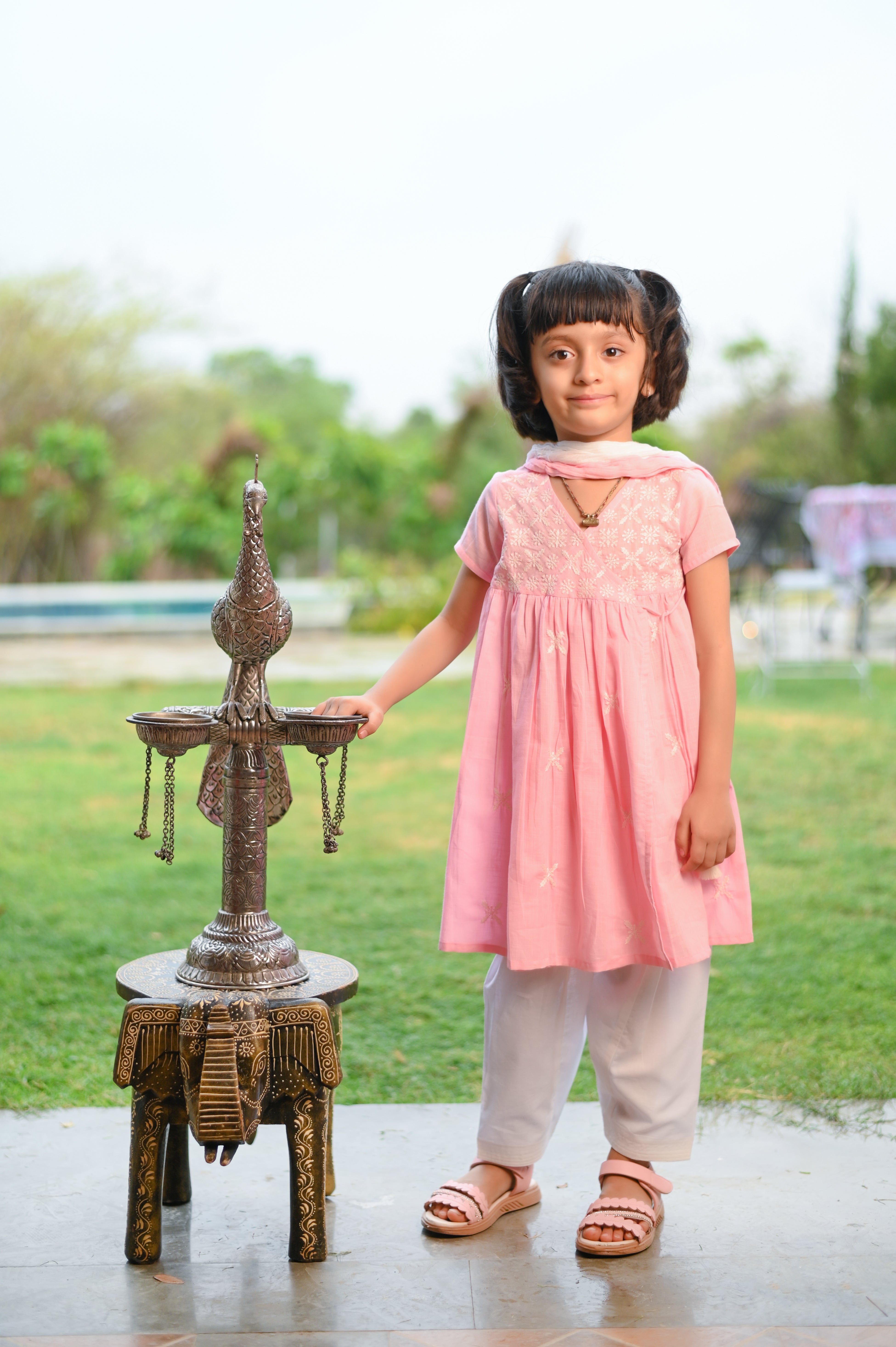 Baby Pink Angrakha Kurta with Off White Salwar and White-Pink Dupatta