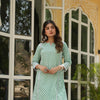 GREEN COTTON ROUND WITH V NECK CROSHIA LACE KURTA PANT SET