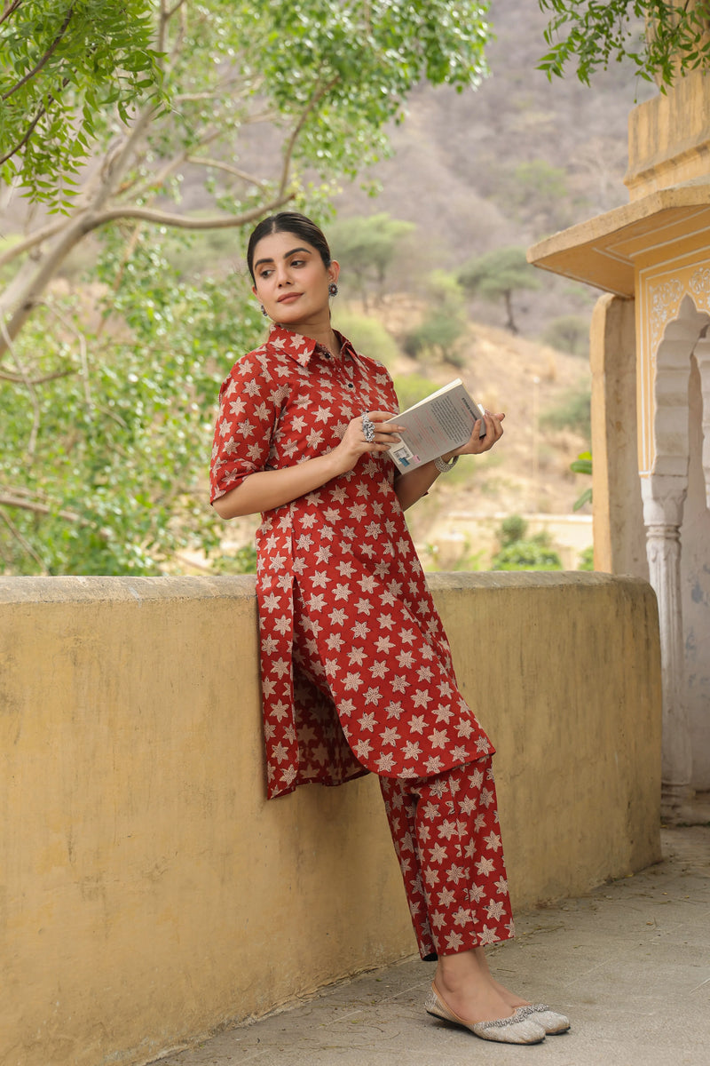 MAROON COTTON COLLOR NECK BAGRU HANDBLOCK PRINT CO-ORD SET