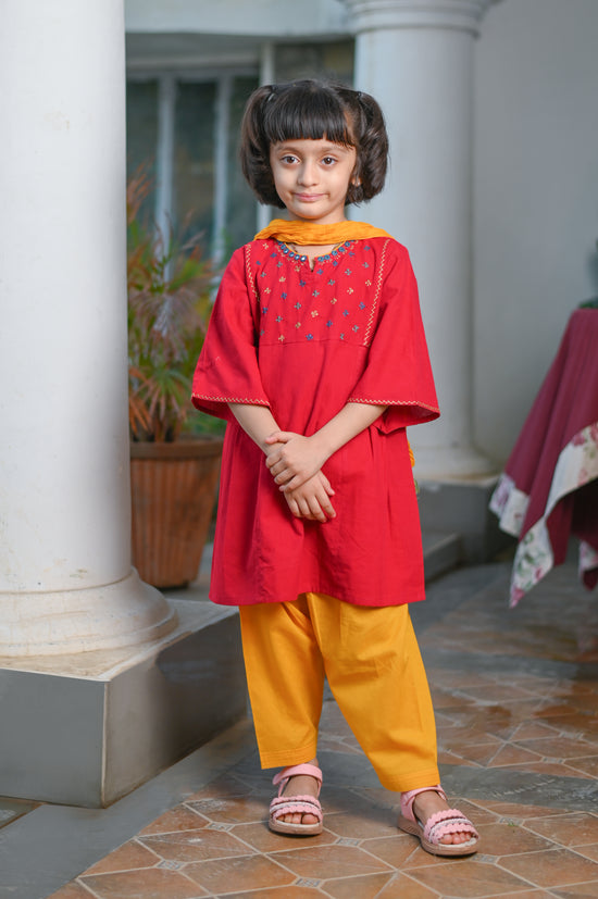 Maroon Kurta with Mustard Salwar and Dupatta