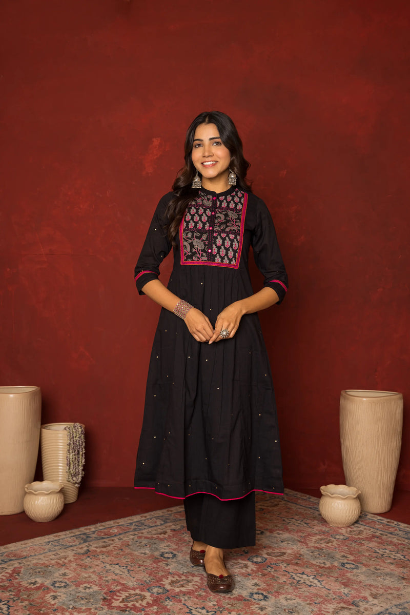 BLACK COTTON COLLAR NECK EMBROIDERY AND MIRROR WORK KURTA FOR WOMEN'S