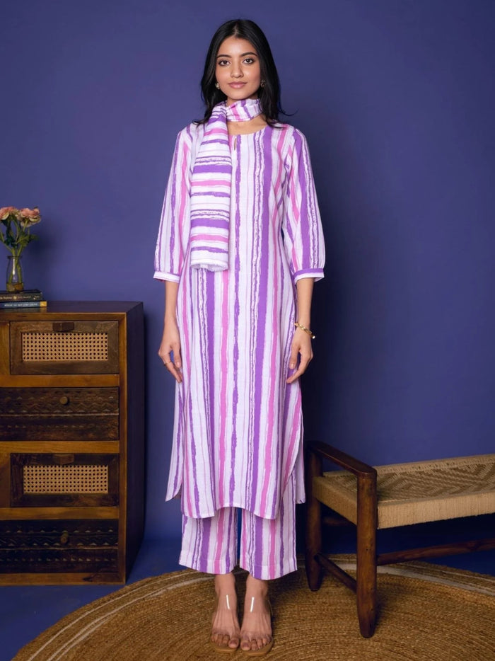 MULTICOLORED STRIPES LINEN BLEND ROUND NECK KURTA PANT SET