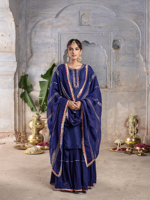 Purplish Blue Chanderi Round Neck Kurta Skirt with Dupatta Set For Women's