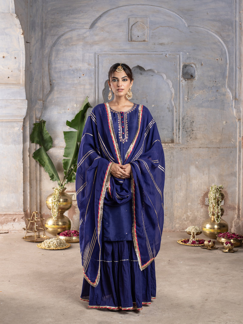 Purplish Blue Chanderi Round Neck Kurta Skirt with Dupatta Set For Women's