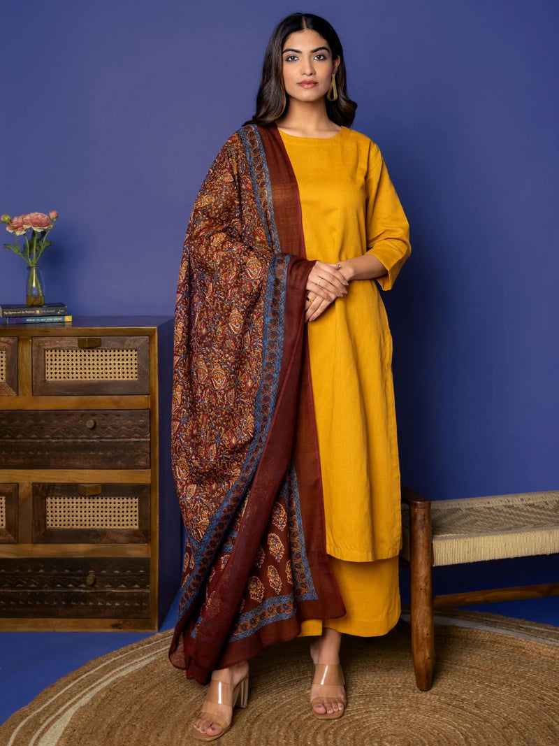 MUSTARD COTTON LINEN DUPATTA ALL OVER PRINTED FULL SET