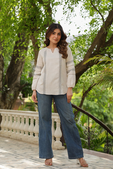 Off White Linen Round With V-Neck Short Top For Wmen's