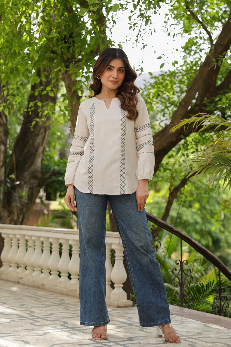 Off White Linen Round With V-Neck Short Top For Wmen's