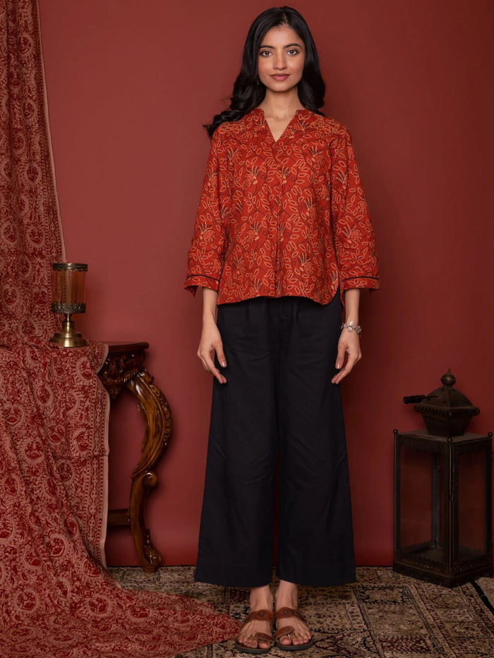 Rust Cotton Collar Bandhani Short Top For Women's