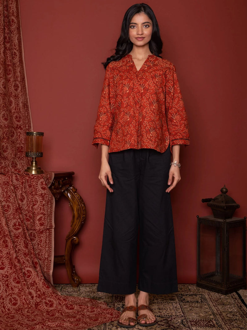 Rust Cotton Collar Bandhani Short Top For Women's