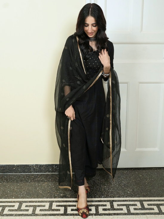 Black Kota Doria Complete Suit Set