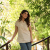 Cream With Polka Dots Cotton Sitting Collar Handblock Short Top For Women's