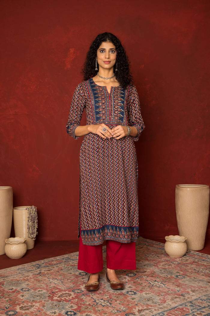 Indigo & Maroon Cotton Modal Kurta For Women's
