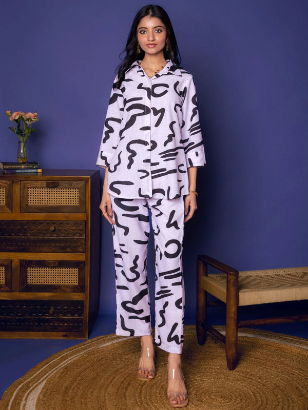 White Linen Blend Shirt Collar Abstract Print Co-Ord Set For Women's